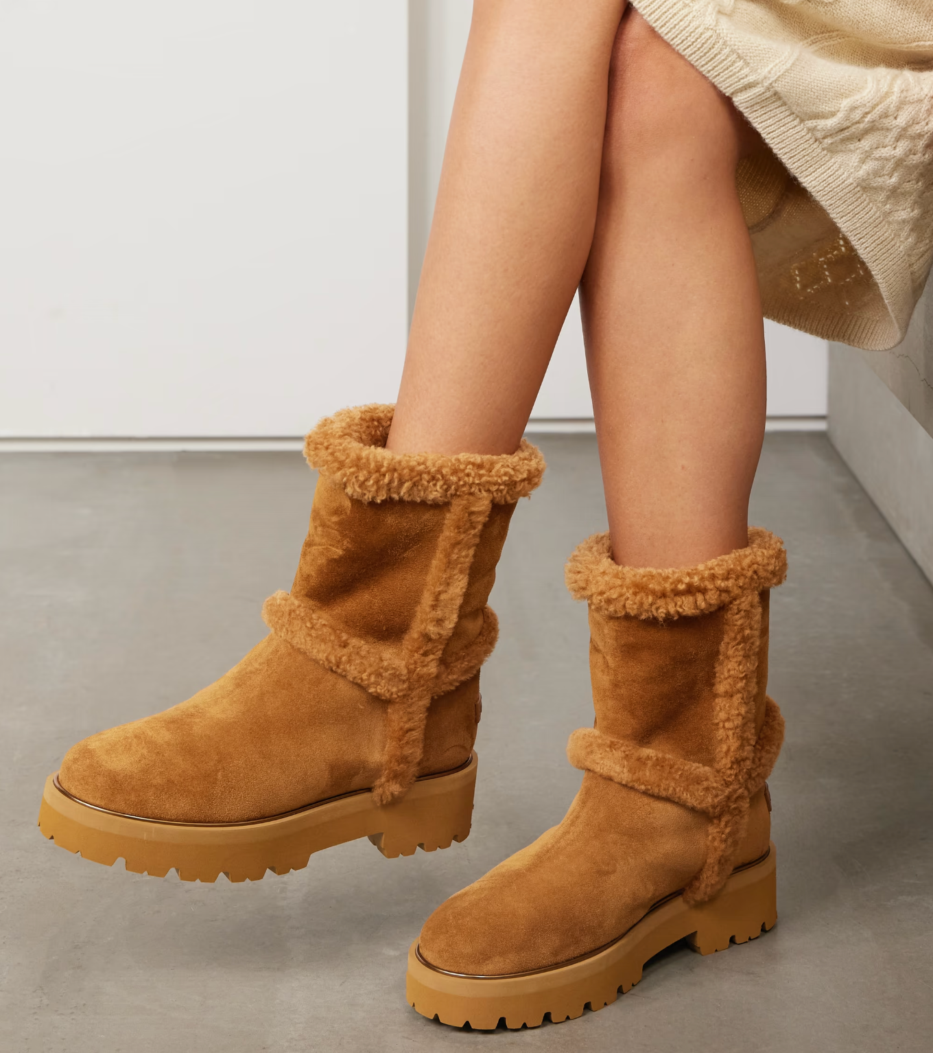 Teddi shearling-trimmed suede ankle boots TAN