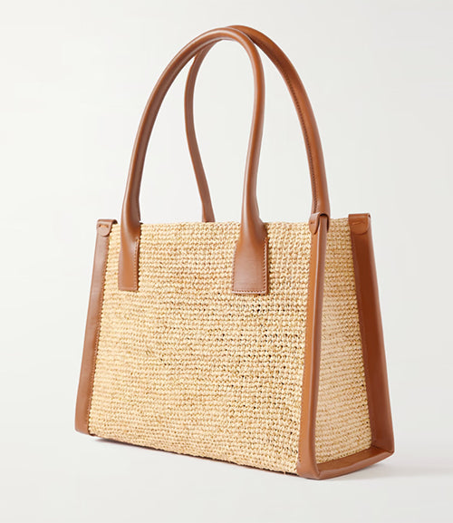 By My Side small leather-trimmed raffia tote