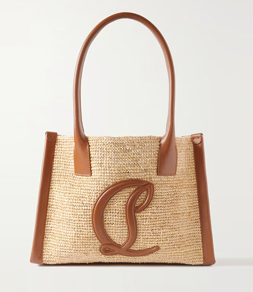 By My Side small leather-trimmed raffia tote